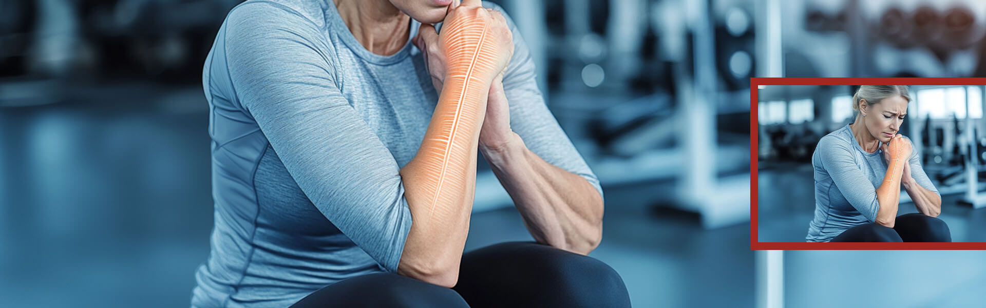 Osteoporose Arm Frau in Sportkleidung stützt den Kopf nachdenklich auf die verschränkten Hände in einem Fitnessstudio.